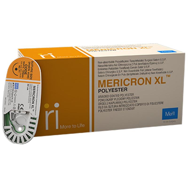 Mericron XL P (Поліестер) з прокладками (4х3х1,5 мм), USP 2-0, 2 голки колюче-ріжучі 17мм 1/2 90см. Набір (5+5) білий/зелений.